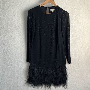 Michael Kors Dress Womens XS Black Sequin with Feather Hem Long Sleeve